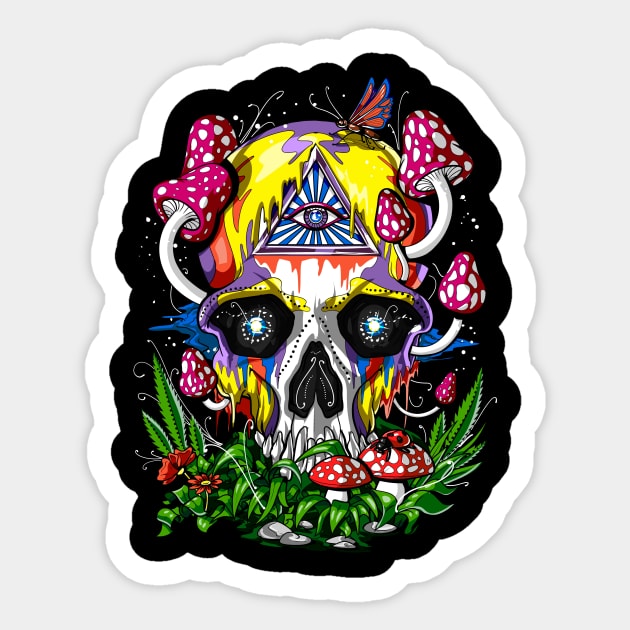 Psychedelic Magic Mushrooms Skull Sticker by underheaven